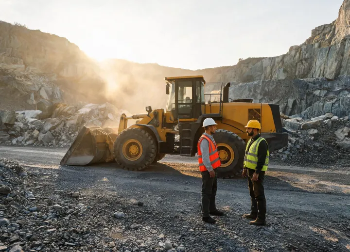 LiuGong engineer with operator beside wheel loader on quarry haul road