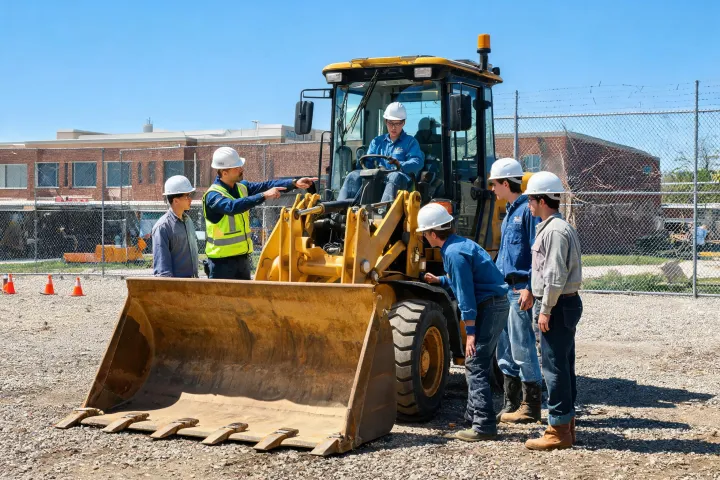 Students learning on donated wheel loader