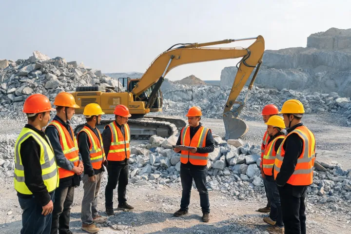 Toolbox talk at quarry with excavator in background