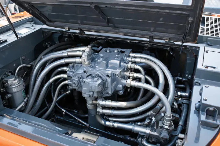 Hydraulic main pump assembly in excavator engine bay