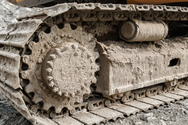 Excavator undercarriage track shoe and sprocket close-up