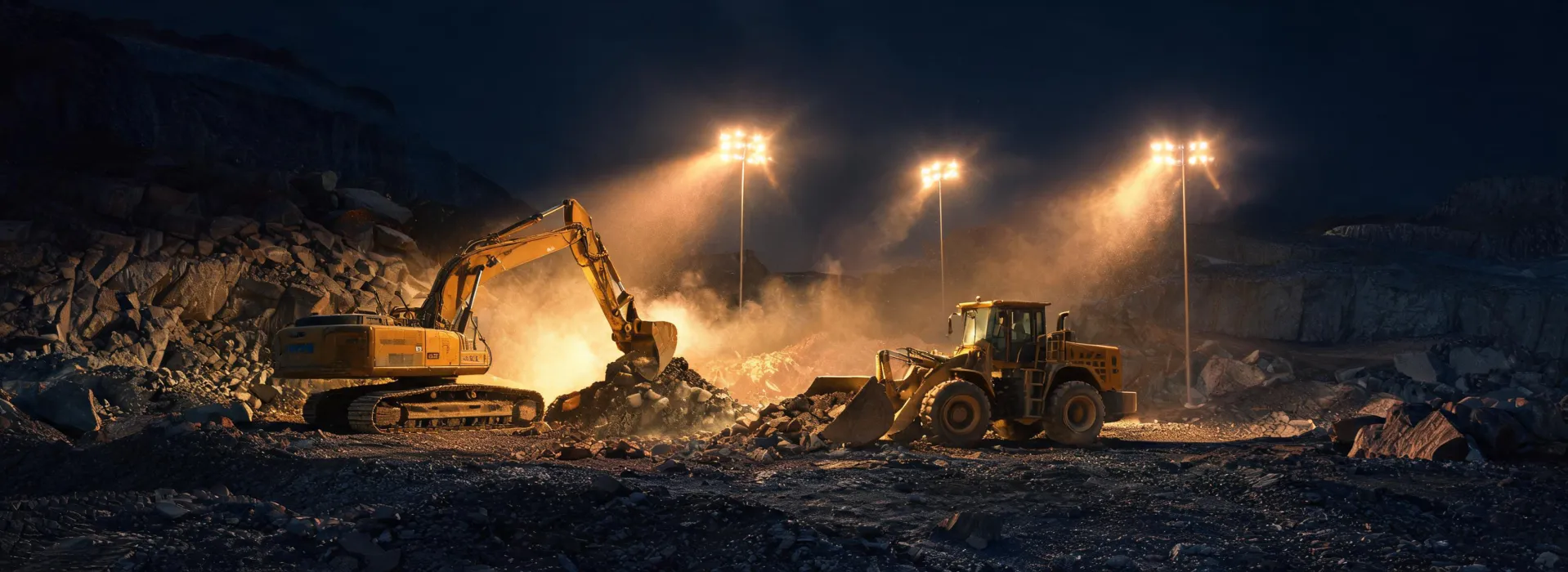 Night quarry excavation with excavator floodlights