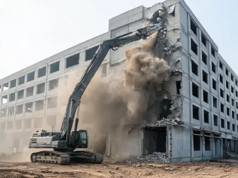 Building demolition with high-reach excavator