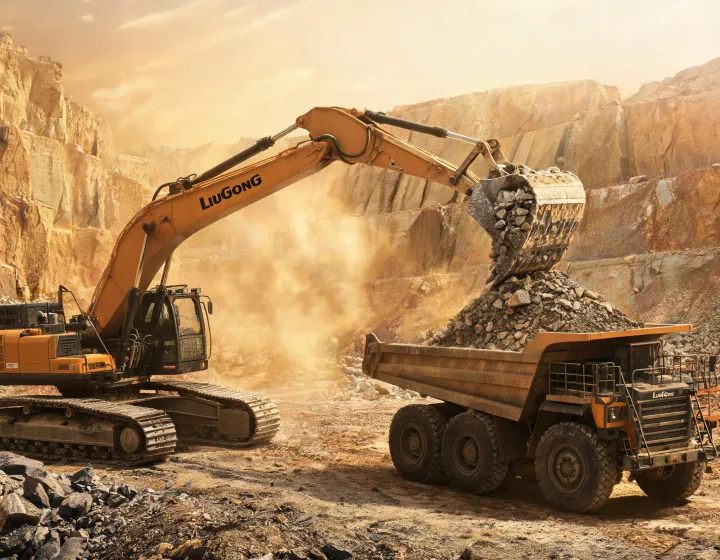 60-ton crawler excavator loading aggregate at quarry face