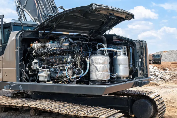 Tier 4 Final excavator engine bay with DPF visible