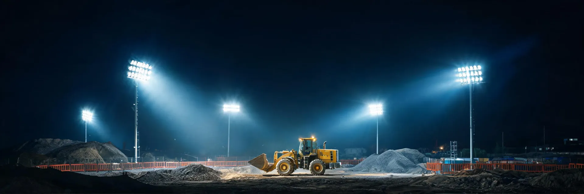 Night construction site with LED headlights
