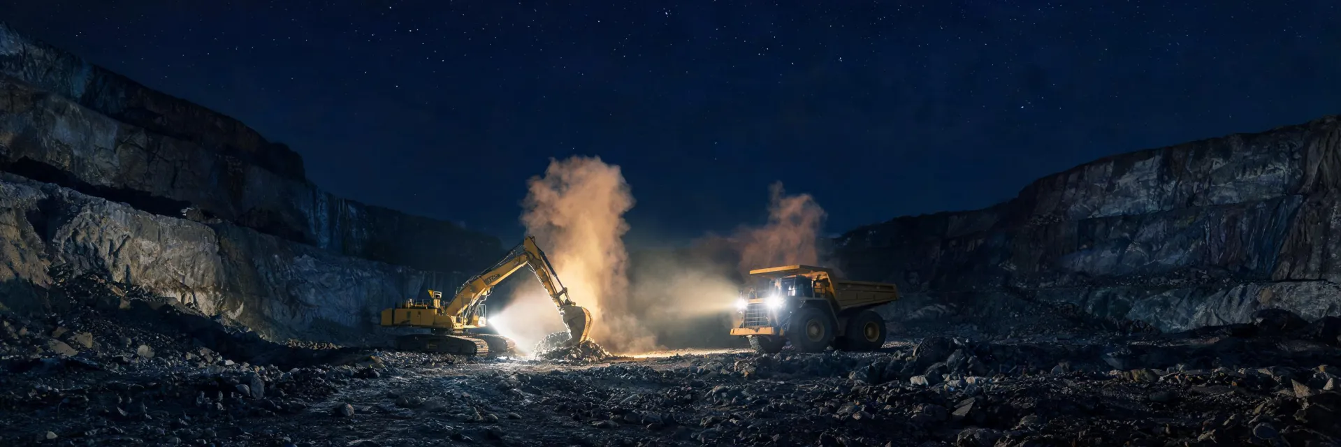 Night mining pit with equipment headlights