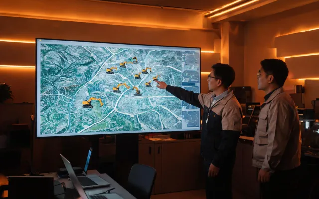Telematics engineers reviewing excavator fleet map